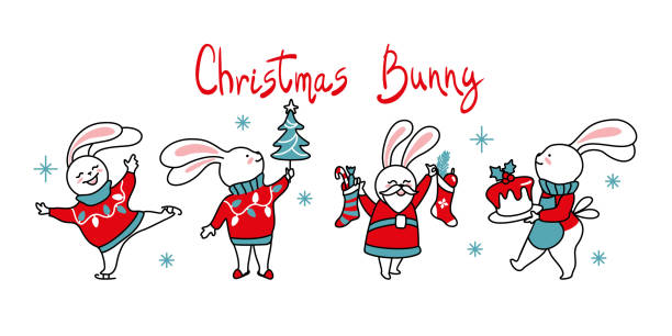 istock Bunny dressed in ugly christmas sweater preparation for christmas. Seamless pattern.   Collection christmas illustration.  Vector. 1439410725