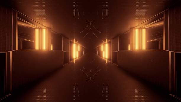 istock Abstract sci-fi illustration of golden futuristic light patterns on a dark background 1439412208