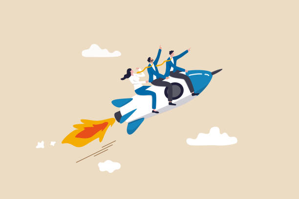 Team direction, leadership to guide team to success, boost team productivity or innovation to succeed, partnership or success startup concept, business people riding rocket, leader pointing direction. vector art illustration