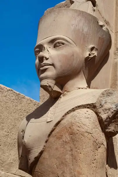 A low angle vertical closeup shot of the statue of queen Hatshepsut of ancient Egypt in the Temple of Karnak, Luxor, Egypt