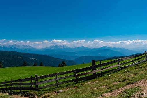 A field surrounded by mountains covered in greenery under a blue sky in South Tyrol in Italy