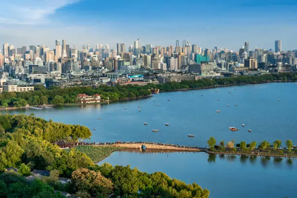 Aerial Hangzhou City Skyrim panorama