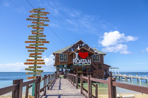 Roatan Island, Honduras – December 31, 2019: West End beach on Roatan Island. Honduras