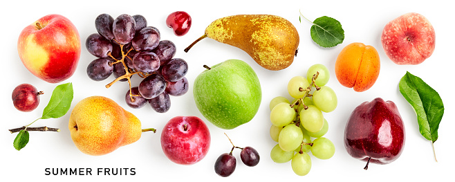 Different summer fruits set. Apple, pear, grapes, peach, apricot, cherry and gooseberry fruit isolated on white background. Creative layout. Top view, flat lay. Design element