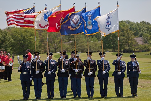 Dublin, OH, United States – May 29, 2013: Military color guard ceremony photographed during a practice round at the 2013 PGA Memorial Golf Tournament in Dublin, OH.
