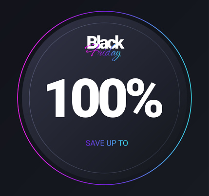 Discount 100 percent concept. Round neon button, interface for programs and applications, UI and UX design. Gift or present voucher or coupon. Discounts and sales. Cartoon flat vector illustration