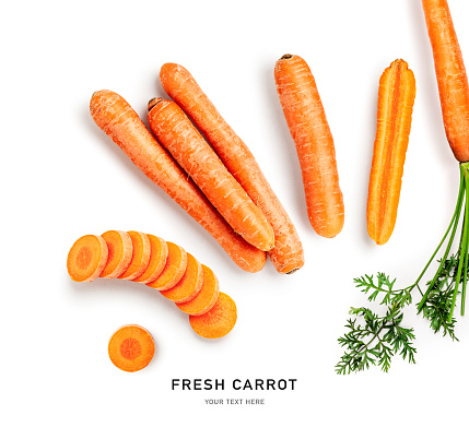 Fresh carrots isolated on white background. Creative layout. Healthy eating and dieting food concept. Design element. Top view, flat lay