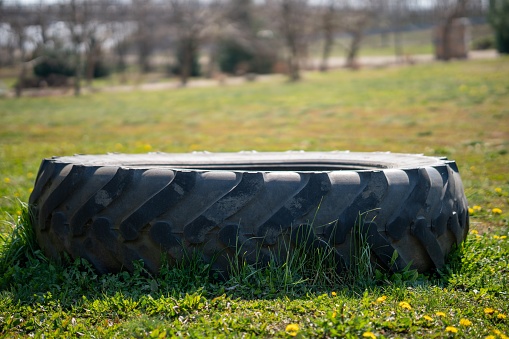 A closeup of a tire on a field with yellow flowers