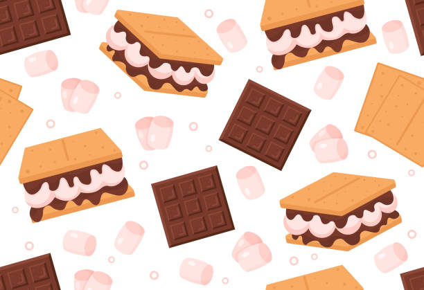 Seamless pattern with smores Seamless pattern with smores. Repeating design element for printing on fabric. Dessert and delicacy, sweets. Unhealthy but delicious food. Chocolate and cookie. Cartoon flat vector illustration marshmallow chocolate stock illustrations