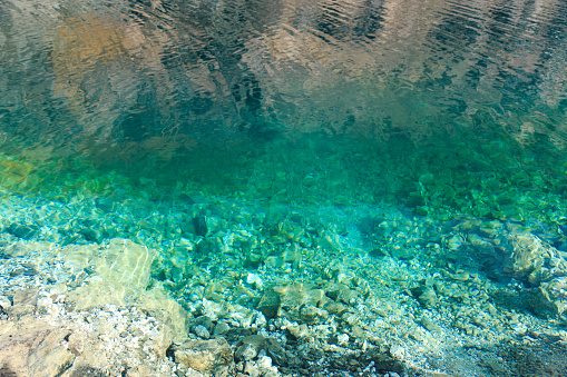 Texture of emerald clear water and natural stones. Natural background. Blue Lake. Sharp stones.