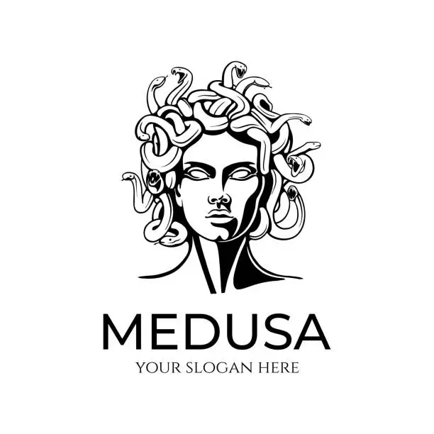 Vector illustration of Medusa gorgon logo. Head of a woman with snakes. Protective amulet. Logo for different directions. Vector image.