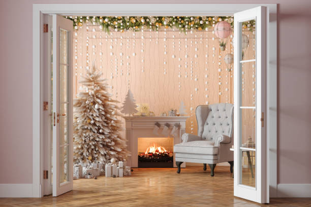 eingang des wohnzimmers mit weihnachtsbaum, ornamenten, geschenkboxen, kamin und sessel - showcase interior home decorating architecture home interior stock-fotos und bilder