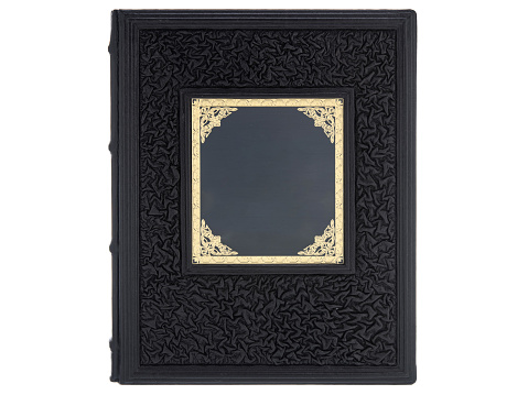 Dark Black Leather mockup book with cover color isolated on white background. Diary for writing and printing With empty lable and metal fittings.