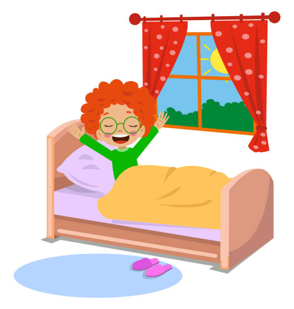 ilustrações de stock, clip art, desenhos animados e ícones de cute kid waking up in the morning - wakening