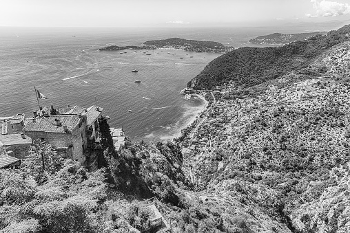 Scenic view over the coastline of the French Riviera near the town of Eze, iconic village near the city of Nice, Cote d'Azur, France