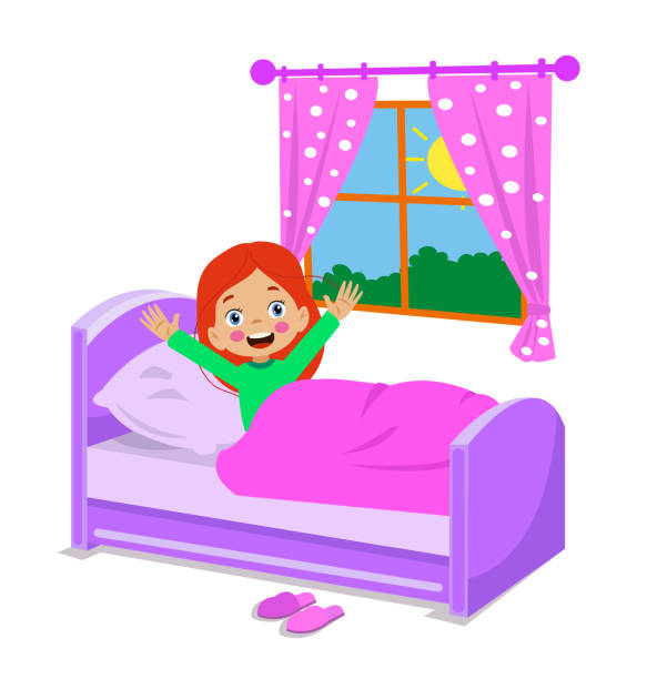 ilustrações de stock, clip art, desenhos animados e ícones de cute kid waking up in the morning - wakening