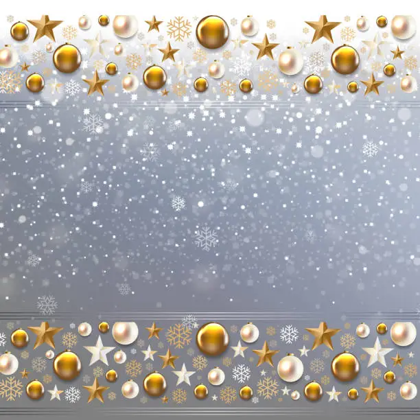 Vector illustration of Christmas Border With Golden Christmas Toys And Stars Silver Background