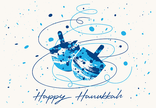 Vector greeting card featuring dreidels of Hanukkah made with brushstrokes and splattered paint textures. Fresh design. White background.
