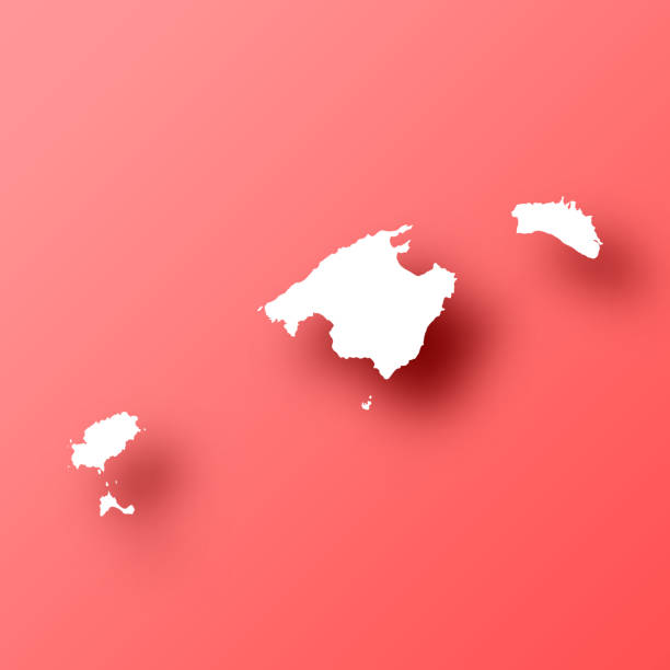 Balearic Islands map on Red background with shadow White map of Balearic Islands isolated on a trendy color, a bright red background and with a dropshadow. Vector Illustration (EPS file, well layered and grouped). Easy to edit, manipulate, resize or colorize. Vector and Jpeg file of different sizes. balearic islands stock illustrations