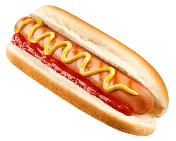 흰색 배경에 고립 된 핫 도그, 클리핑 경로, 필드의 전체 깊이 - hot dog snack food ketchup 뉴스 사진 이미지