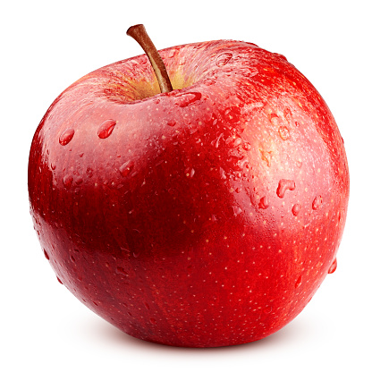 Red apple with water drops isolated on white background, clipping path, full depth of field