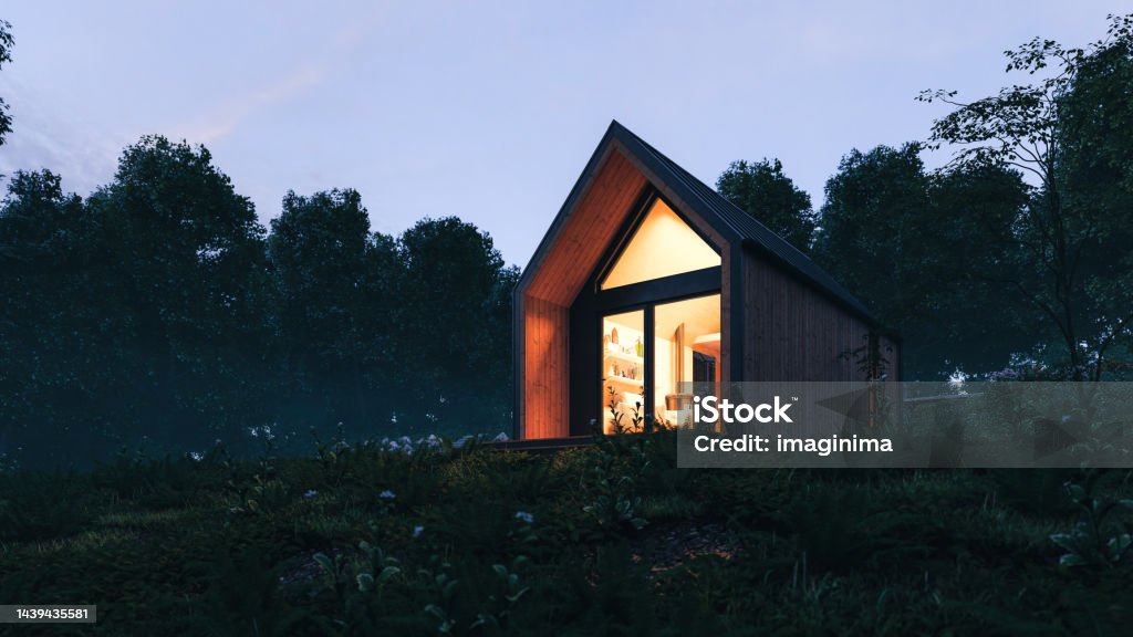 Modern Tiny House Exterior At Night Modern Scandinavian style wooden tiny house in forest at night. A new form of living philosophy to reduce ecological footprint. Tiny House Stock Photo