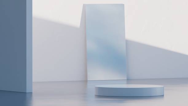istock 3d mock-up podium, Sky in mirror, White colors. Modern platform for product or cosmetics presentation. Bright contemporary backdrop. Render scene. 1439437187