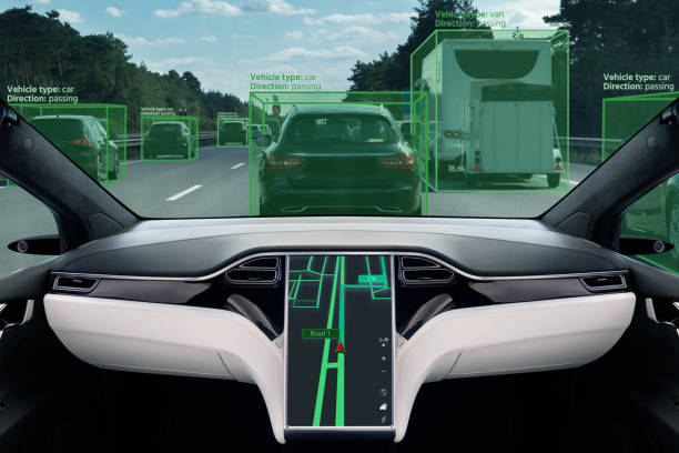 Self driving car on a road. Self driving car on a road. Autonomous vehicle. Inside view. driverless car stock pictures, royalty-free photos & images