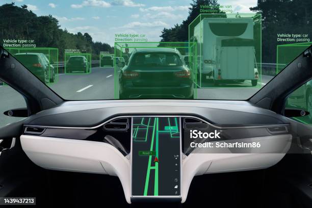 Self Driving Car On A Road Stock Photo - Download Image Now - Car, Lidar - Sensor, Artificial Intelligence