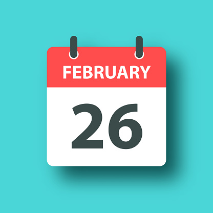 February 26. Calendar Icon in a Flat Design style. Daily calendar isolated on a trendy color, a blue green background and with a dropshadow. Vector Illustration (EPS file, well layered and grouped). Easy to edit, manipulate, resize or colorize. Vector and Jpeg file of different sizes.