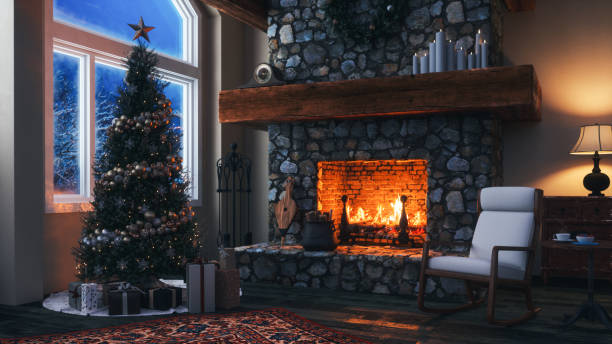 샬레에서의 새해 축하 - christmas tree christmas fireplace christmas lights 뉴스 사진 이미지