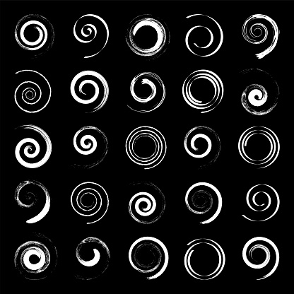 White Spiral Design Elements with Brush Stroke Effect on Black Background. Vector Art.