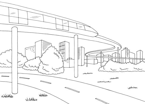 монорельсовая железнодорожная дорога город графика черно-белый пейзаж эскиз иллюстрация вектор - urban scene railroad track train futuristic stock illustrations