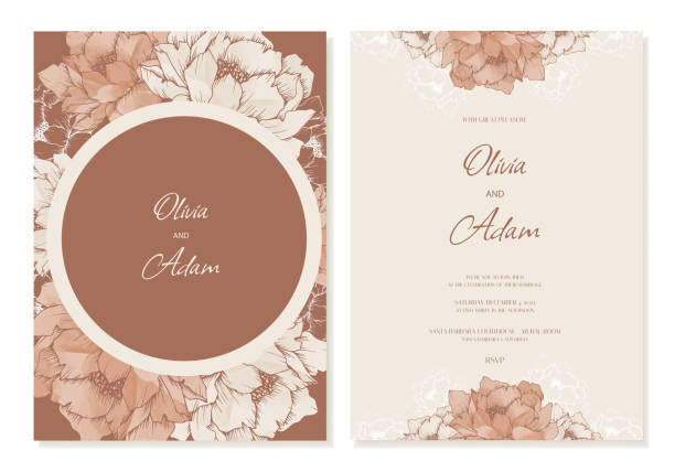 ilustrações de stock, clip art, desenhos animados e ícones de wedding invitation template with peony flowers in brown beige tones. rsvp card design template. vector. - wedding invitation illustrations