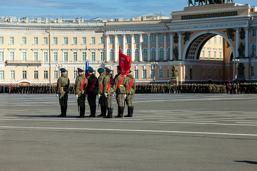 St Petersburg, RUSSIA, 2021: Victory Parade in St. Petersburg on Royal square. Russian soldiers in military uniform. Copy text space