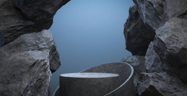 istock Black geometric Stone and Rock shape background, minimalist mockup for podium display or showcase, 3d rendering. 1439446400
