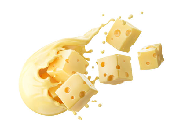 istock Cheese sauce splashing in the air with cheddar cheese, 3d rendering. 1439446402
