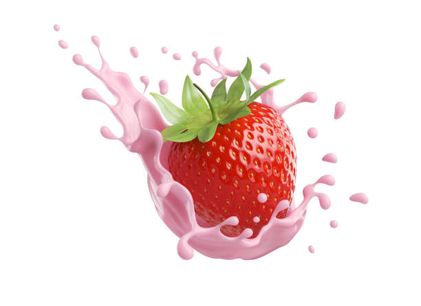 istock milk or yogurt splash with strawberries isolated on white background, 3d rendering. 1439446444