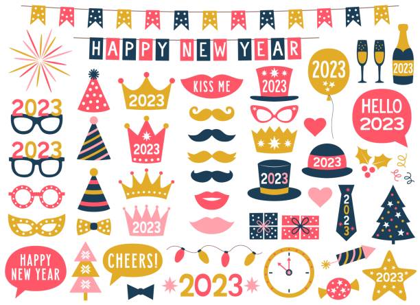 illustrazioni stock, clip art, cartoni animati e icone di tendenza di elementi di design per feste di capodanno 2023 e set di decorazioni - arredo scenico