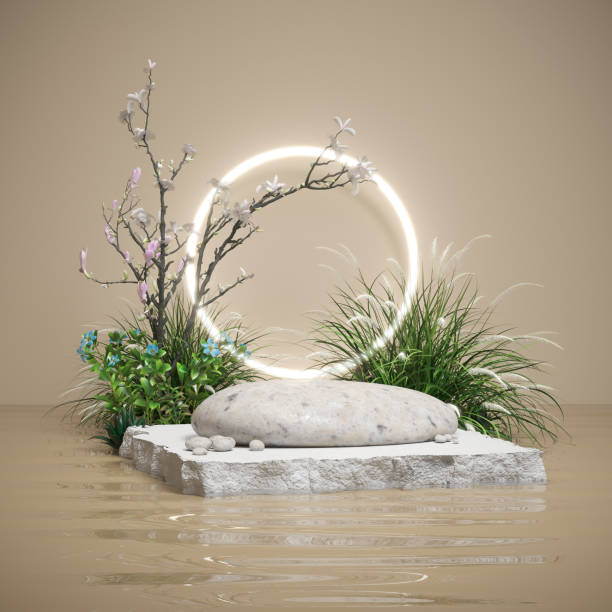 istock Abstract Nature scene with geometric Podium display background for product presentation, mock up, cosmetic product stand, 3d rendering. 1439447133