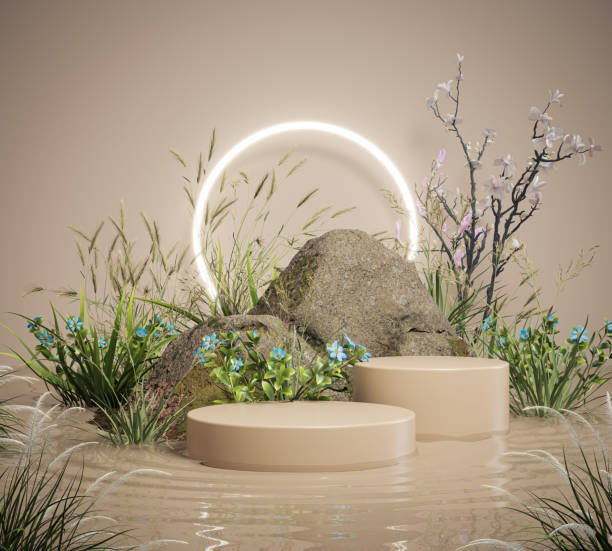 istock Abstract Nature scene with geometric Podium display background for product presentation, mock up, cosmetic product stand, 3d rendering. 1439447137
