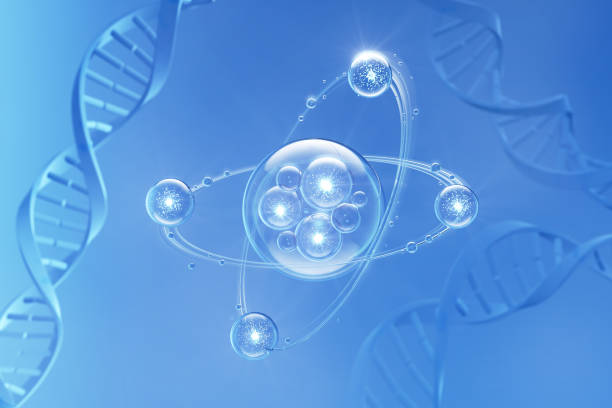 istock Cosmetic Essence oil Liquid Bubble Dna background, 3d rendering. 1439447147