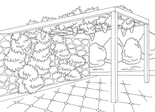 Vector illustration of Gazebo garden modern graphic black white architect landscape sketch illustration vector