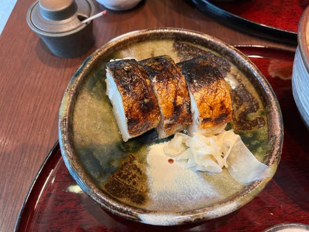 Grilled mackerel sushi stock photo