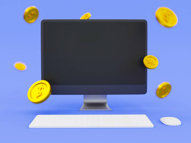 istock 3d minimal financial concept. empty PC screen mockup for banner or brand logo. Marketing strategy. Blank computer display template with coins around. 3d illustration. 1439449936