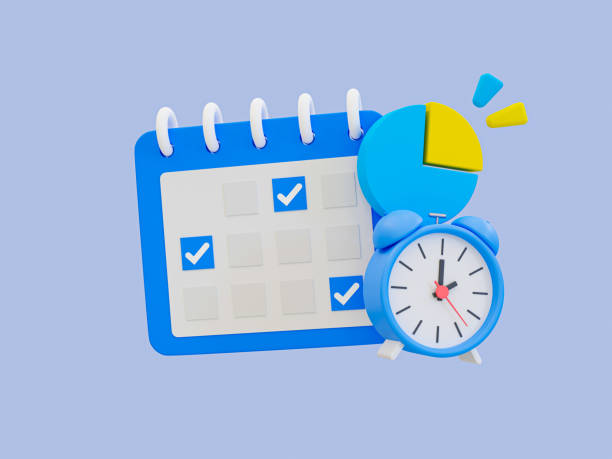 istock 3d minimal time management concept. schedule organization. future life planning. Calendar with an alarm clock and pie graph. 3d illustration. 1439449937