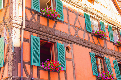 17. 07. 2023 Colmar, Alsace, France, traditional half-timbered houses and architectural details are tourist attraction.
