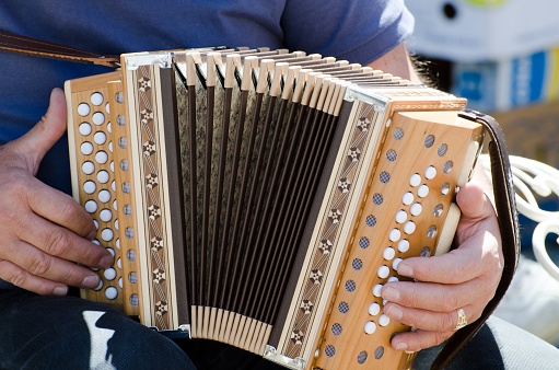 A closeup shot of a male playing the accordion