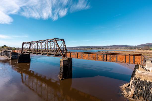 istock View of a rusty bridge connecting the riverbanks under the blue sky 1439451282