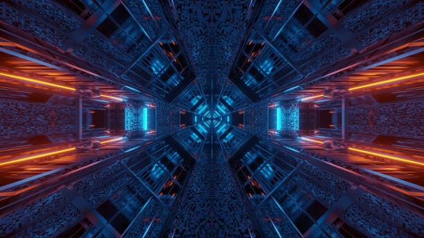 istock Futuristic background with glowing abstract neon light patterns - great for a cosmic background 1439453504